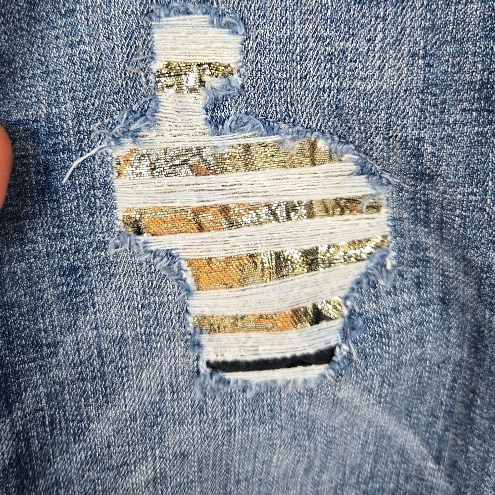 White House Black Market The Slim Mid Rise Fit Distressed Foil Peep Shimmer Sz 4 - Picture 5 of 10